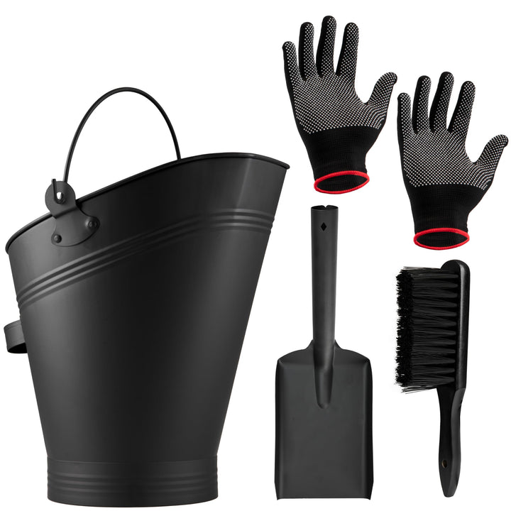 DecoExpress Aschekasten Kaminzubehör Set mit Ascheeimer 7 Liter, Asche Schaufel, Bürste & Handschuhe