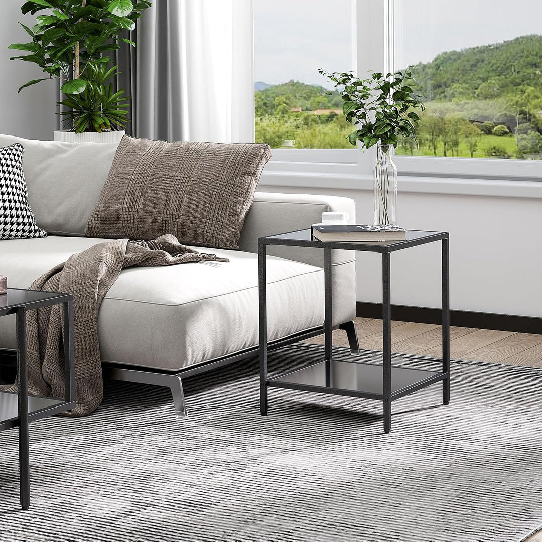 HOMCOM Beistelltisch Quadratischer Couchtisch mit 2 Ebenen, Wohnzimmertisch aus Hartglas und Stahl,