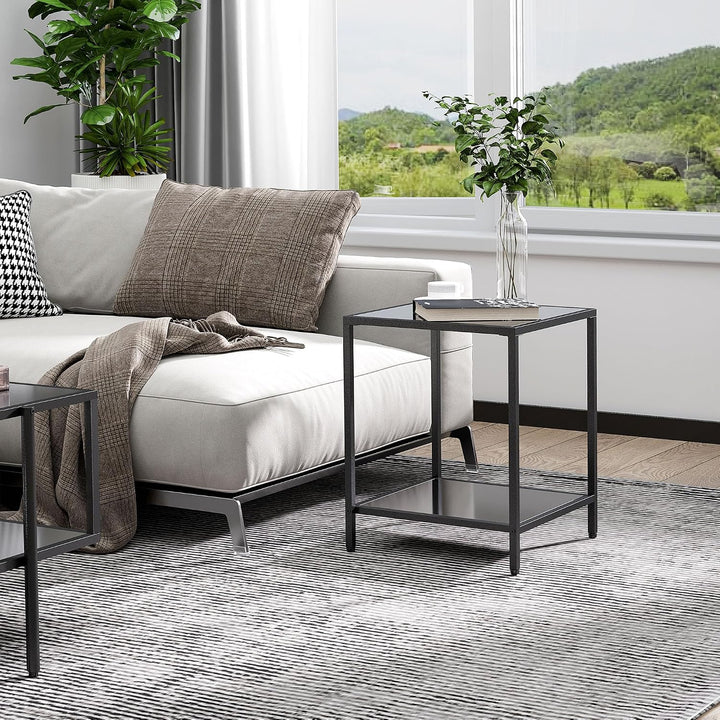 HOMCOM Beistelltisch Quadratischer Couchtisch mit 2 Ebenen, Wohnzimmertisch aus Hartglas und Stahl,