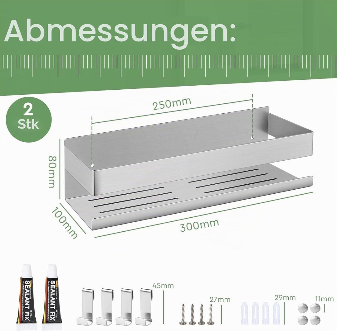 EXLECO 2x30CM Duschablage Ohne Bohren Duschregal Wand Edelstahl Badregal mit 2 Haken Duschkorb zum B