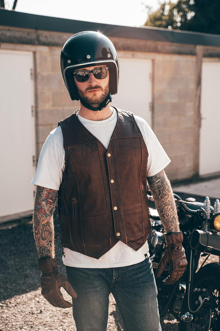 Texpeed motorrad leder weste herren - Chopper biker rocker lederweste - Reissverschlusstaschen mit g