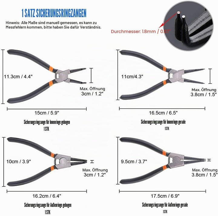 Glarks Sicherungsringzange, 17,8 cm, 17,8 cm, mit 4 Präzisionshaken, Set für Ringentferner, zum Halt