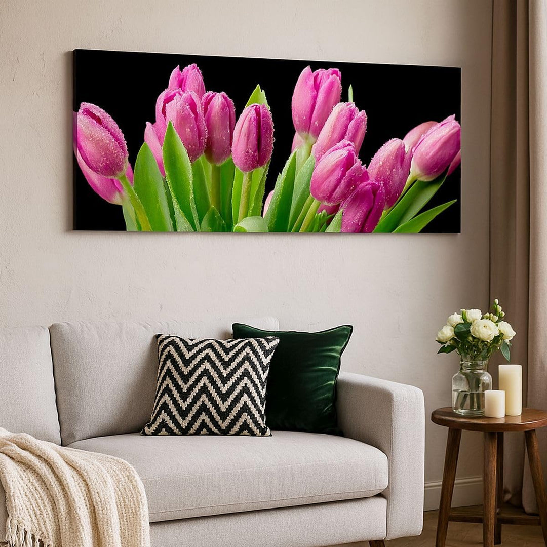 Wandbilder Dekoration Wohnzimmer Tulpen Blumenstrauss Tau Tropfen Panorama Bilder auf Leinwand 120x5