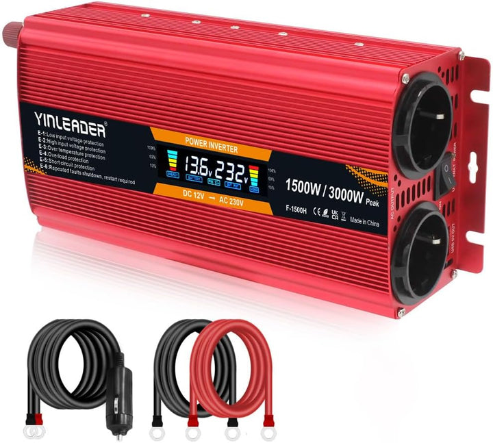 Spannungswandler 12V 230V 1500W 3000W Peak Wechselrichter LCD | stromumwandler mit 2 Steckdose USB -