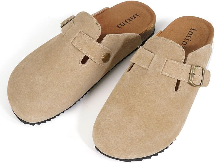 Intini Clogs Damen Herren Hausschuhe mit Fussbett Leder Pantoletten Gartenschuhe Geschlossene Bequem