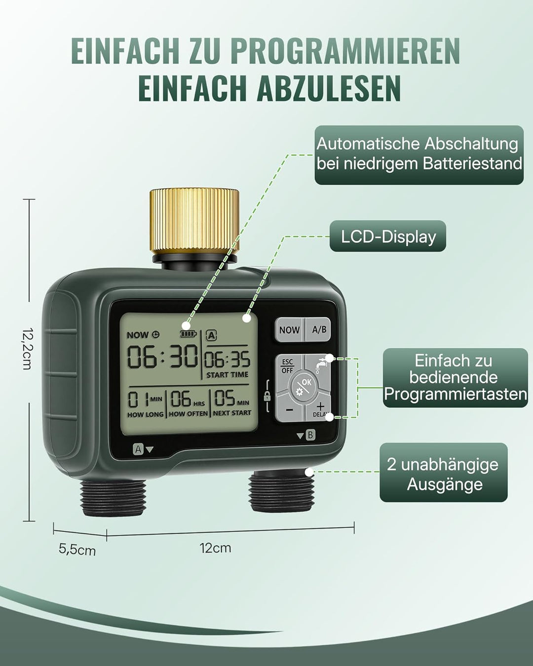 2-Zonen Bewässerungscomputer, Gartenschlauch Zeitschaltuhr Gartenbewässerung, programmierbare Bewäss