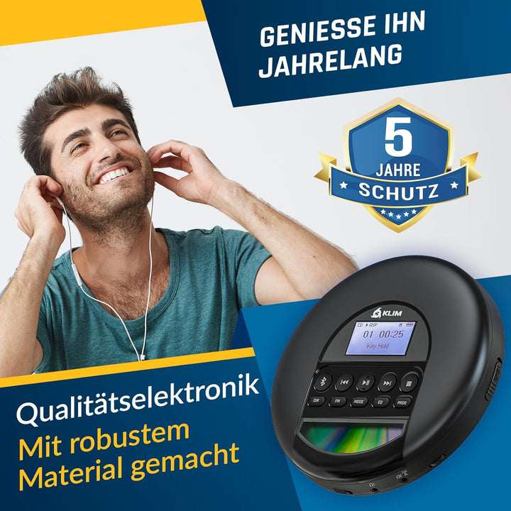 KLIM Nomad CD Player Bluetooth - Tragbarer CD-Player mit langlebigem Akku - Inklusive Kopfhörer - 16