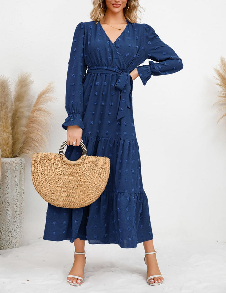 QUNERY Kleid Langarm Damen V Ausschnitt Tunika Kleid Elegant Swiss Dot Freizeitkleider Herbst Winter