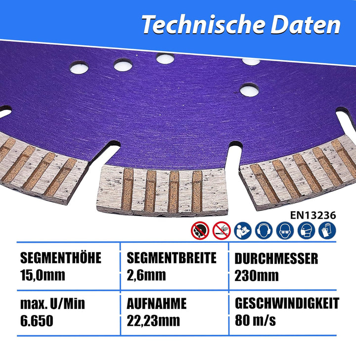 LXDIAMOND Diamant-Trennscheibe 230mm x 22,23mm - Segmente 15mm - passend für Beton Stahlbeton Waschb
