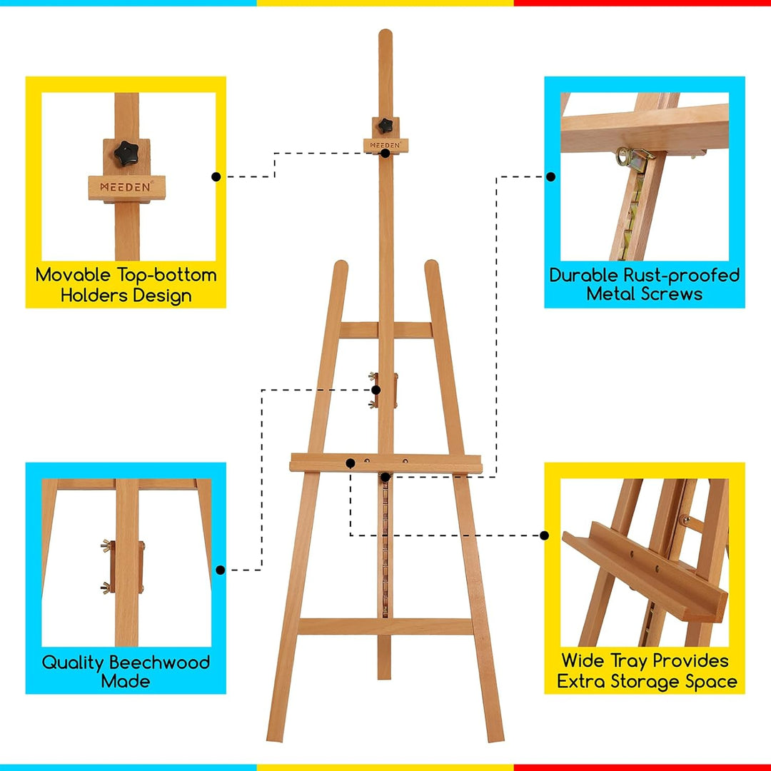 MEEDEN Basic Staffelei aus Holz: Staffelei für Bodenmalerei, Einstellbare Höhe von 145 bis 193 cm (5