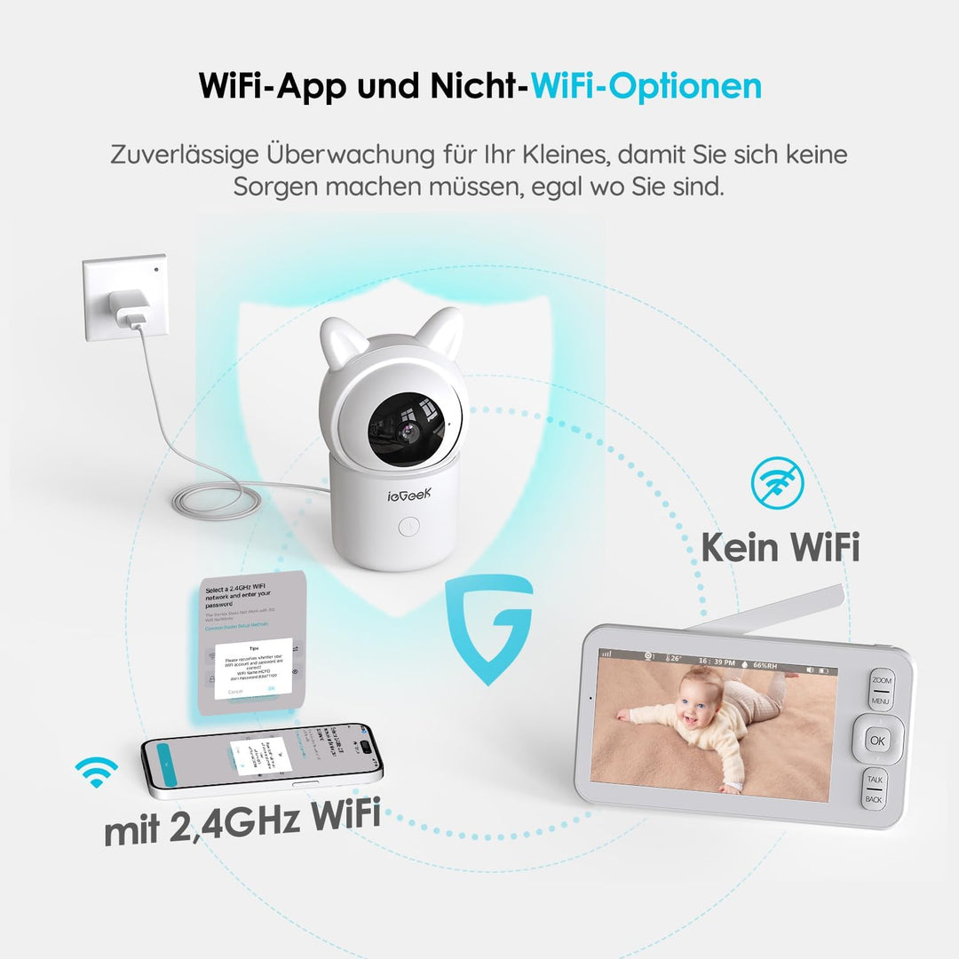 ieGeek Babyphone mit Kamera 1080P, 5 Zoll WLAN Video babyfone PTZ 360° mit APP, 4-Fach Zoom, Zonenal