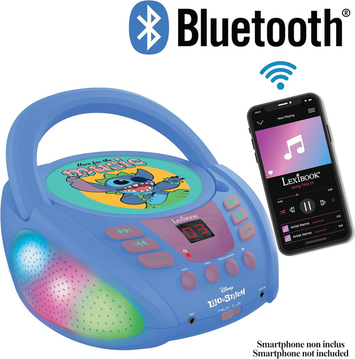 Lexibook - Disney Stitch - Bluetooth-CD-Player für Kinder - Tragbar, mehrfarbige Lichteffekte, Mikro