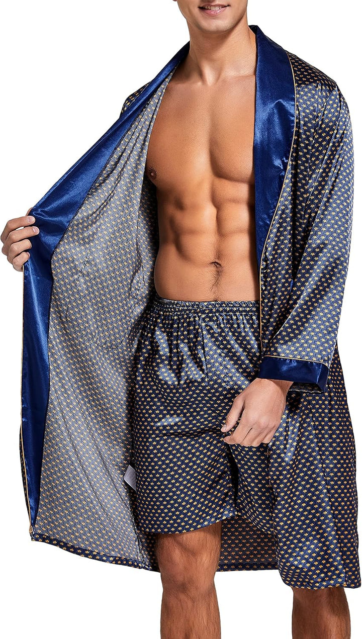 Herren Satin Bademantel, Leichter Seiden Langarm Bademantel mit Shorts Set, Spa Kimono Nachtwäsche,