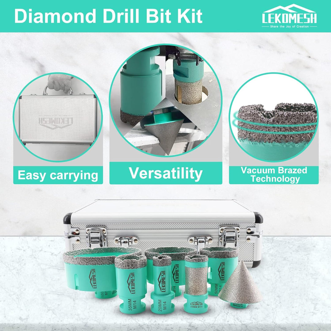 Diamant Bohrkrone Kit - 7pcs (20/35/50/68/100mm+25 Bohren Fräsen+50mm Diamant Fasenfräser) LEKOMESH