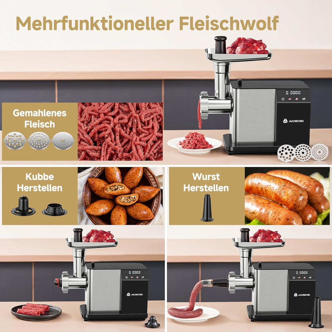 AAOBOSI Fleischwolf Elektrisch [3000W MAX] mit LED-Display,3 Geschwindigkeiten,Fleischwolf mit Anti-