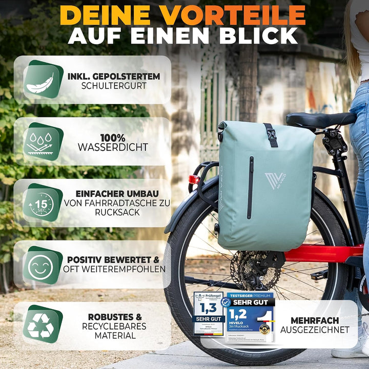MIVELO - 3in1 Fahrradtasche für Gepäckträger, 100% wasserdicht &amp; PVC-frei, Fahrradtasche Rucksack &amp;