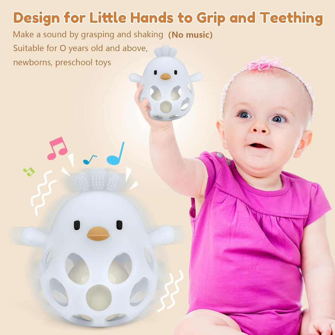 MCGMITT Baby Greifball Beissring aus BPA-freiem Silikon – Hühnchen-Rasselspielzeug Sensorik Motorik