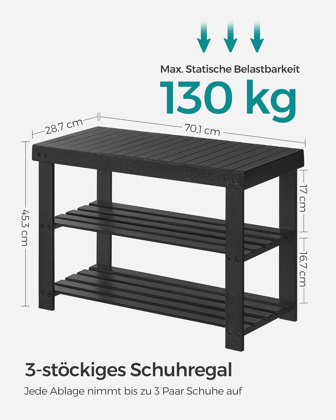 SONGMICS Schuhbank, Schuhregal mit 3 Ebenen, Schuhablage aus Bambus, bis 130 kg belastbar, 28,7 x 70