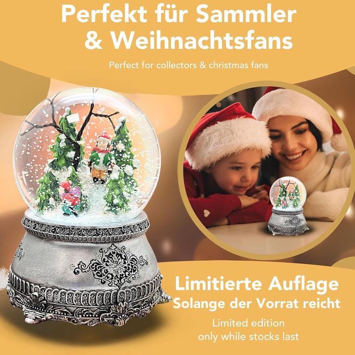 Schneekugel Skifahrer mit Musik | Schifahrer im Winterwald | Sockel Zinnoptik | 100mm breit, 140mm h
