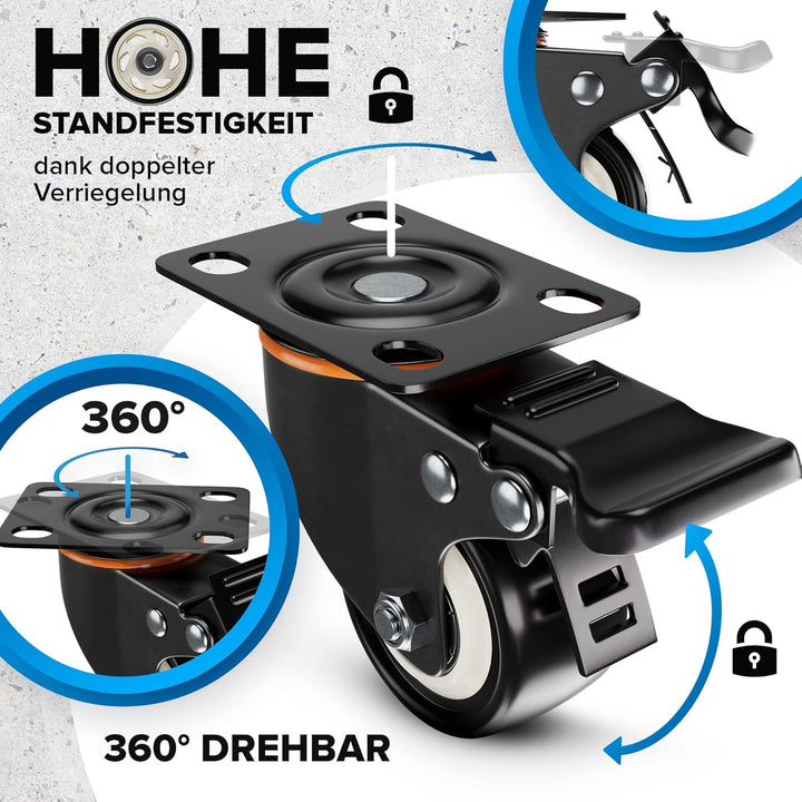 PEARWAY™ Premium Lenkrollen 50mm mit Bremse [4x gesamt 320kg] inkl. Montagezubehör I Robuste Transpo