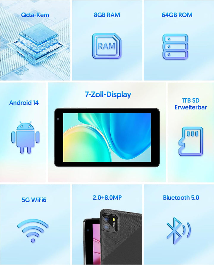 BAKEN 7 Zoll Tablet, Android 14 Tablet with 8GB RAM+64GB ROM 1 TB Erweiterung, Qcta Core Prozessor T