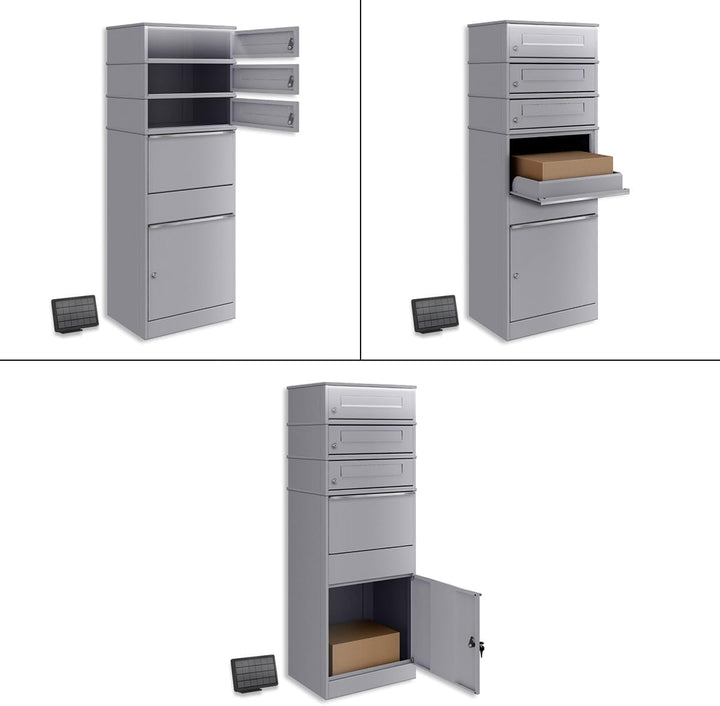 Metzler Paketbox mit LED-Solarbeleuchtung und 3 Briefkästen in Graualuminium RAL 9007, wetterfest un