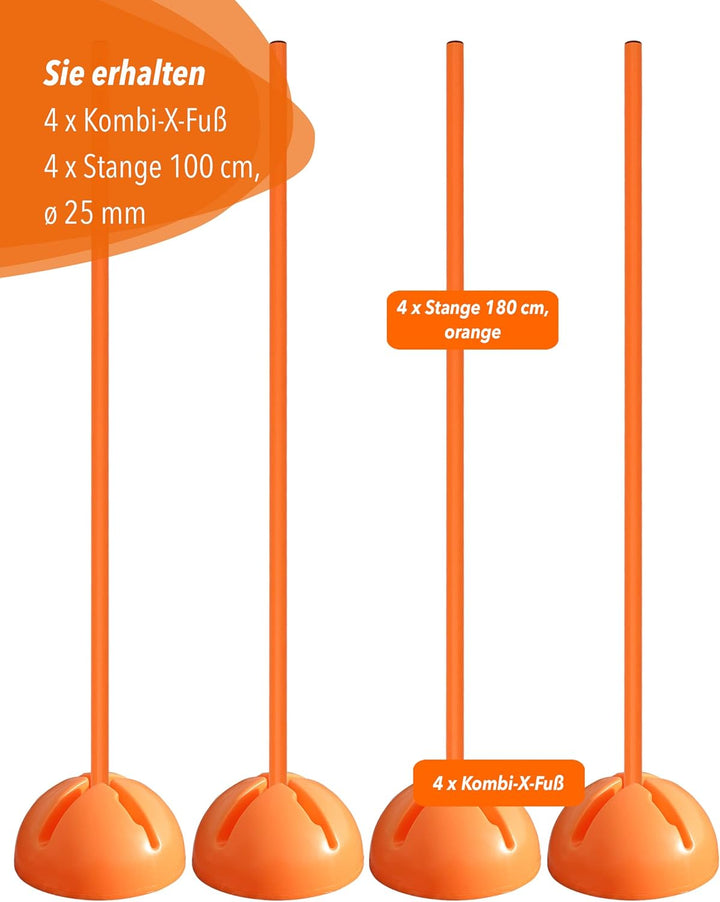 Kombi-X-Standfuss aus Kunststoff & Slalomstange 100 cm – 4er Set – befüllbarer Standfuss – Stange fü