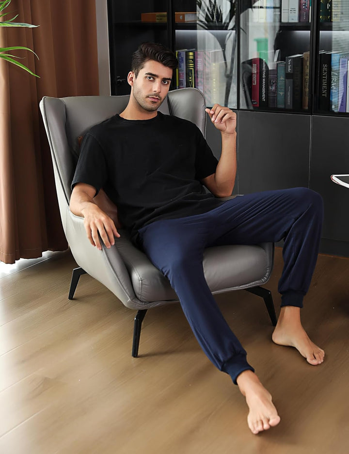 Marvmys Schlafanzughose Herren Lang mit Bündchen Einfarbige Pyjamahose für Männer Schlafhose Haushos