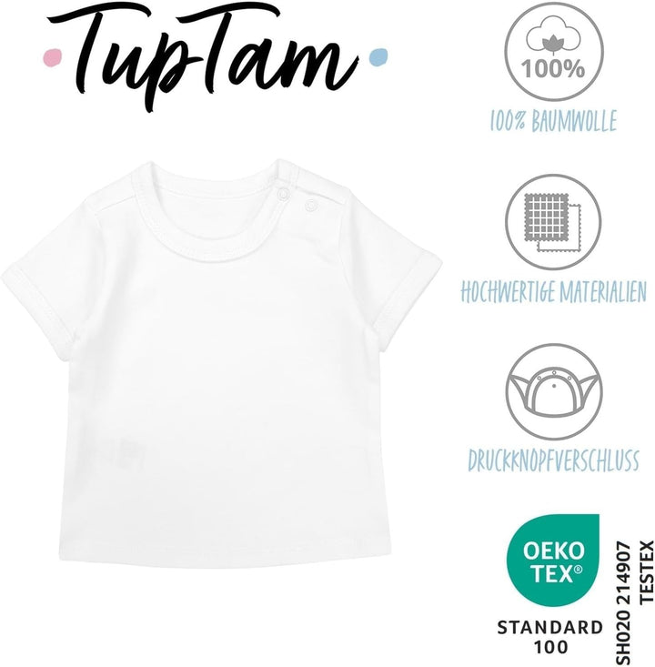 TupTam Baby Jungen Kurzarm T-Shirt mit Aufdruck Unifarben Sterne Streifen 5er Set, 56 Weiß