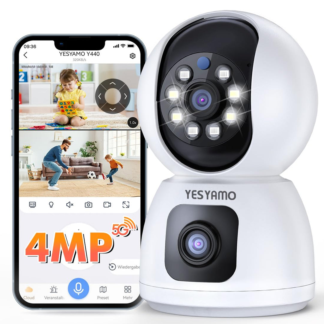 YESYAMO Überwachungskamera Innen mit 4MP Doppelobjektiv, 360° PTZ Kamera Indoor, Duale Ansicht, 5Ghz