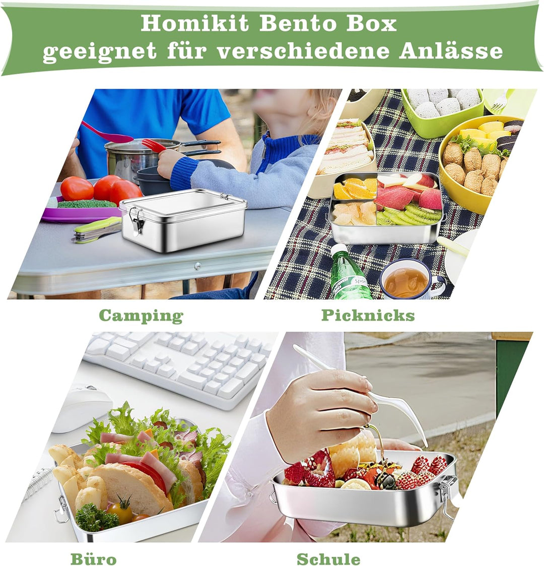 Homikit Brotdose mit Fächern, 2400ml Edelstahl Bento Box Lunchbox für Kinder & Erwachsene, Auslaufsi