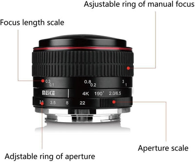 Meike MK 6,5 mm f/2.0 Kreisförmige Objektiv Fisheye für Sony E-Mount Kameras NEX 5 A6000 A6300 A6400