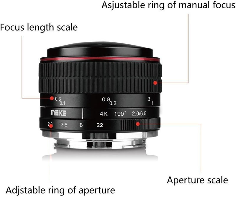 Meike MK 6,5 mm f/2.0 Kreisförmige Objektiv Fisheye für Sony E-Mount Kameras NEX 5 A6000 A6300 A6400