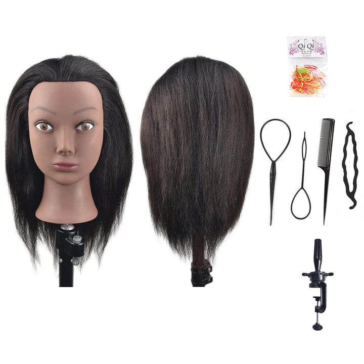 Afro-Mannequin-Kopf aus 100% Echthaar, Friseur-Trainingskopf für Kosmetologie, Puppenkopf (Tischklem