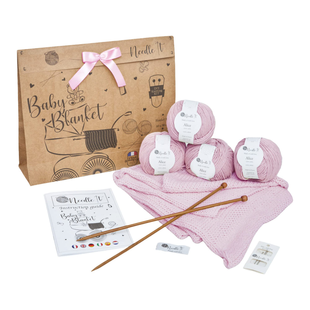 Strickset für Anfänger komplett mit Stricknadeln - Babydecke zum Selberstricken - Geschenkidee (Rosa