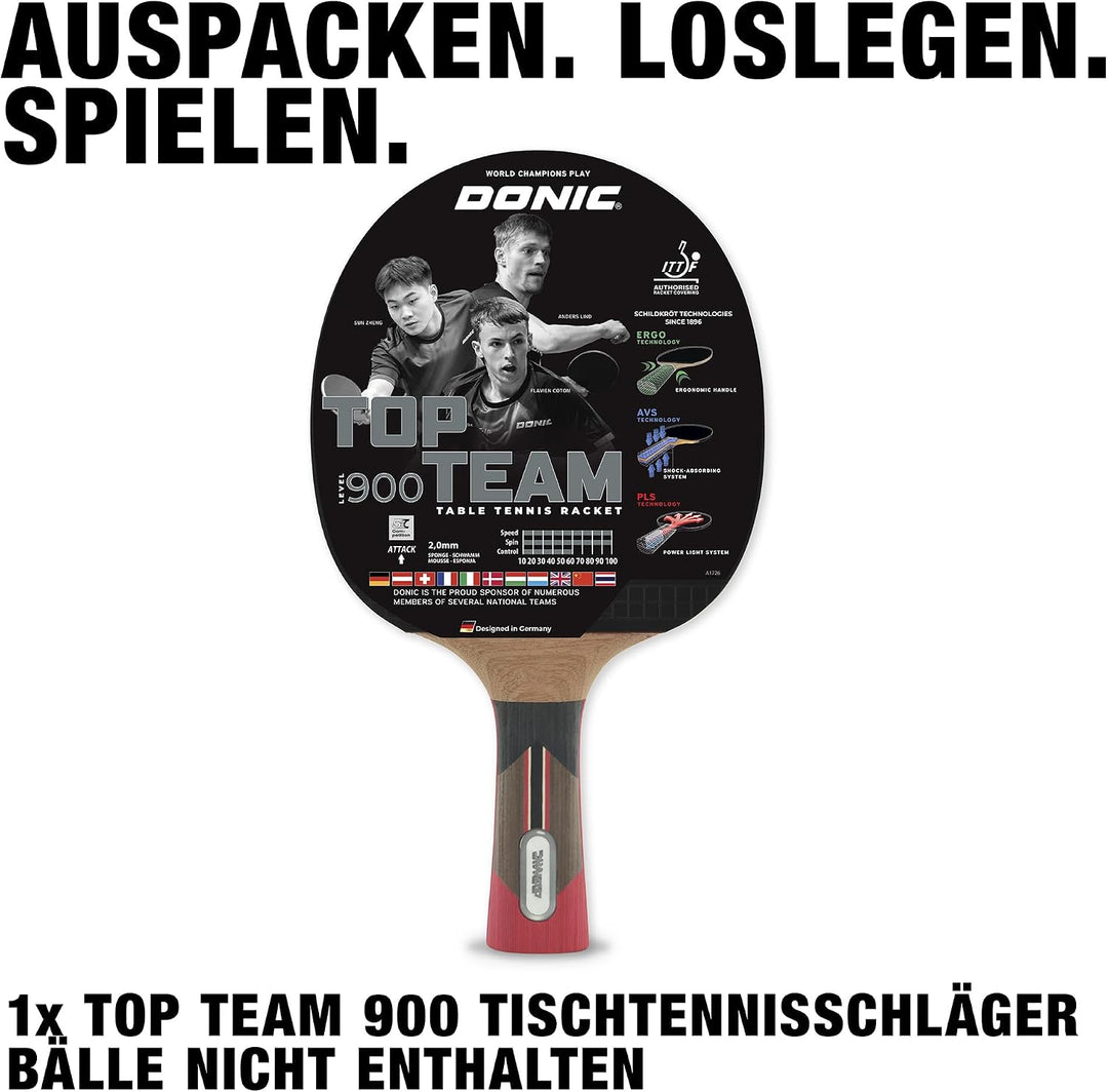 Donic-Schildkröt Tischtennisschläger Top Team 900, AVS & PLS-Griff, 2,0 mm Schwamm, Alpha Slick - IT
