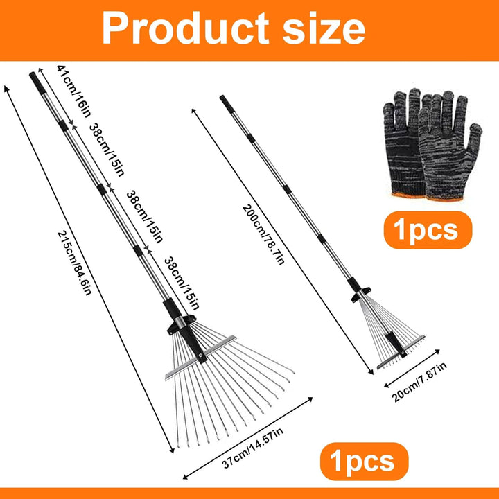 Laubbesen,Gartenrechen,mit 215cm Verstellbare Metallstange und Handschuhe,Laubrechen,Fächerbesen Lau