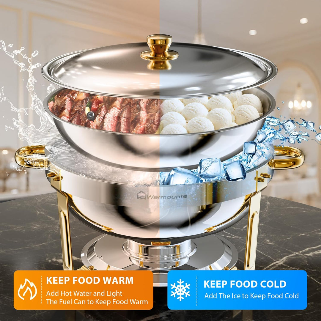 WARMOUNTS Chafing Dishes für Buffet 5L 2er Set Silber &amp; Gold, Lebensmittelqualität Edelstahl Chafers