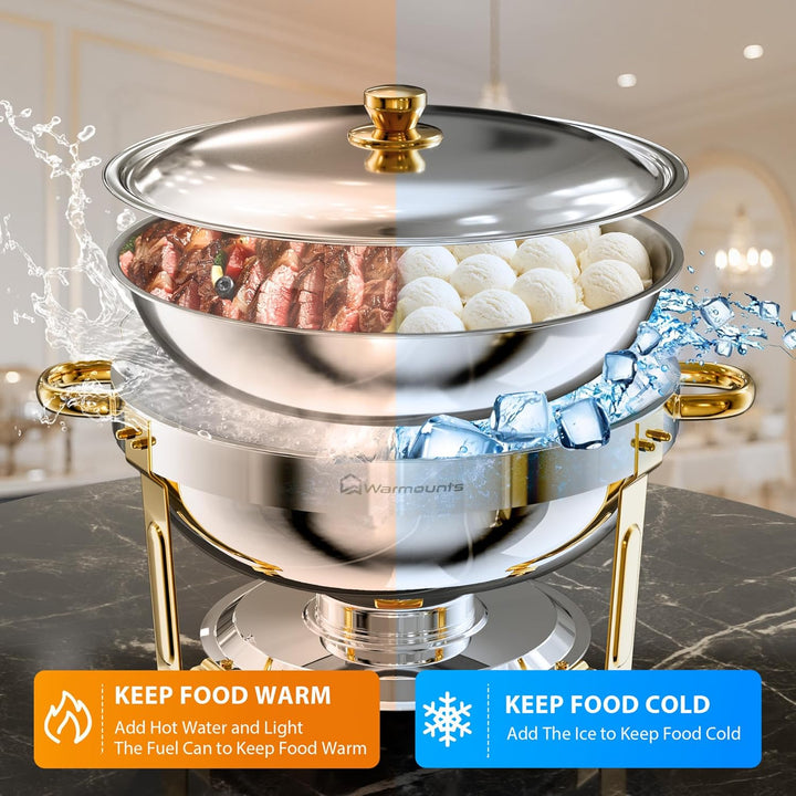 WARMOUNTS Chafing Dishes für Buffet 5L 2er Set Silber &amp; Gold, Lebensmittelqualität Edelstahl Chafers
