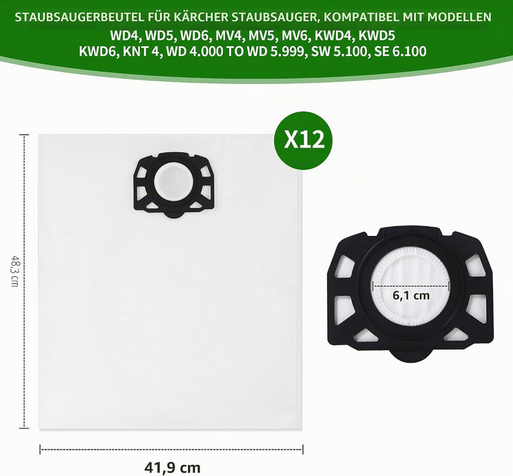 12 Stück KFI 487 Staubsaugerbeutel für Kärcher WD4,WD5,WD6,WD5P,WD6P, MV4, MV5, MV6, KNT4, Nass Troc