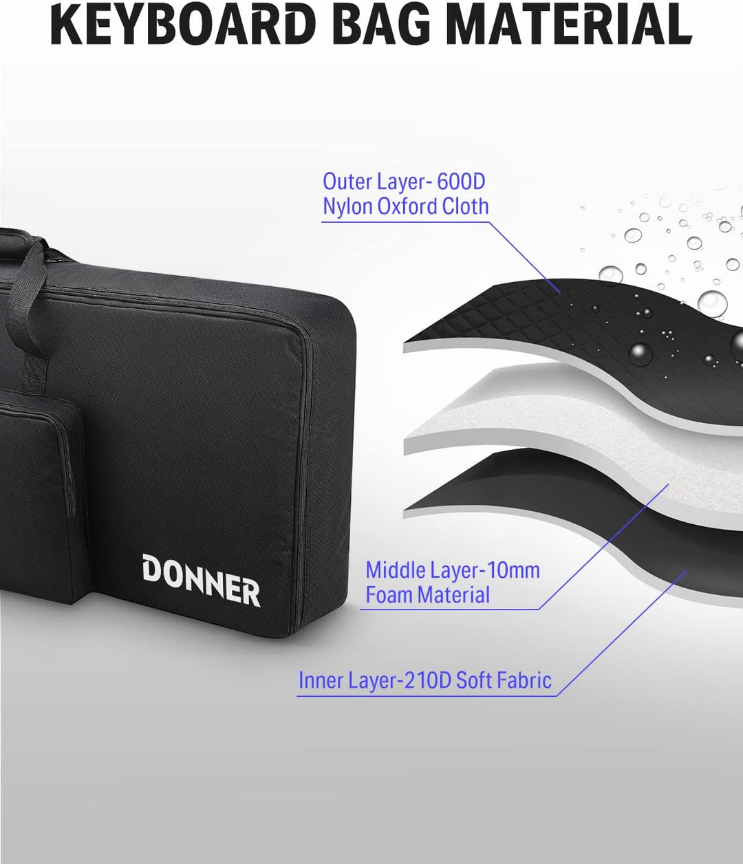 Donner Keyboardtasche 61 Tasten, 104 x 41 x 13 cm wasserdichte Keyboard Tasche 10 mm Dicke Polsterun