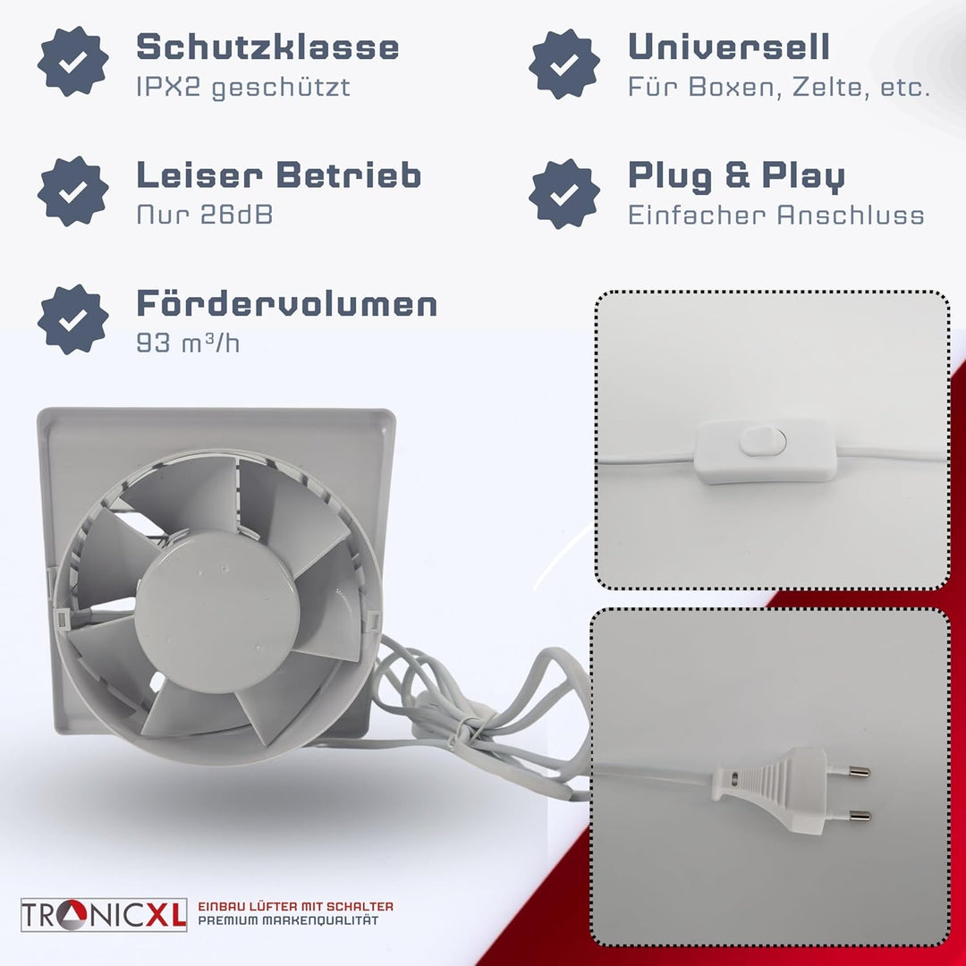 100mm Abluft/Zuluft Grow Lüfter Ventilator mit Netzstecker und Schalter für Homebox Growbox Growschr