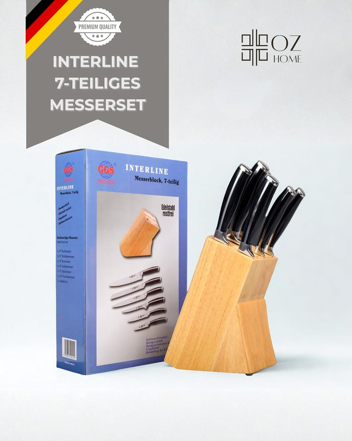 GGS Solingen Küchenmesser Set 7-teilig – Messerset mit Holz-Messerblock, Edelstahl Kochmesser Set ro