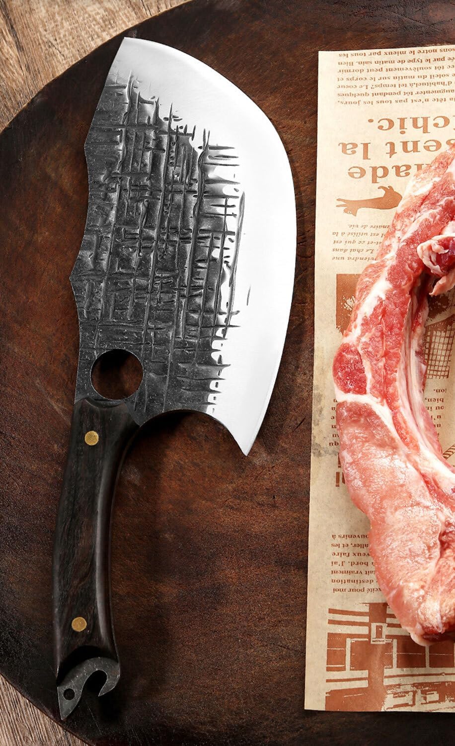 Muxel Metzgermesser Hackmesser Fleischerbeil schwer mit gebogener extradicken Klinge mit Lederscheid