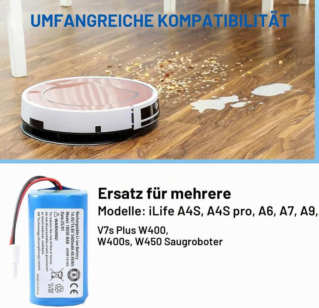 14,8 V 3400 mAh Li-Ionen Ersatzakku für ILIFE A4, A4s, A4s Pro, A6, A7, A9, A10, V7, V7s, V7s Plus,