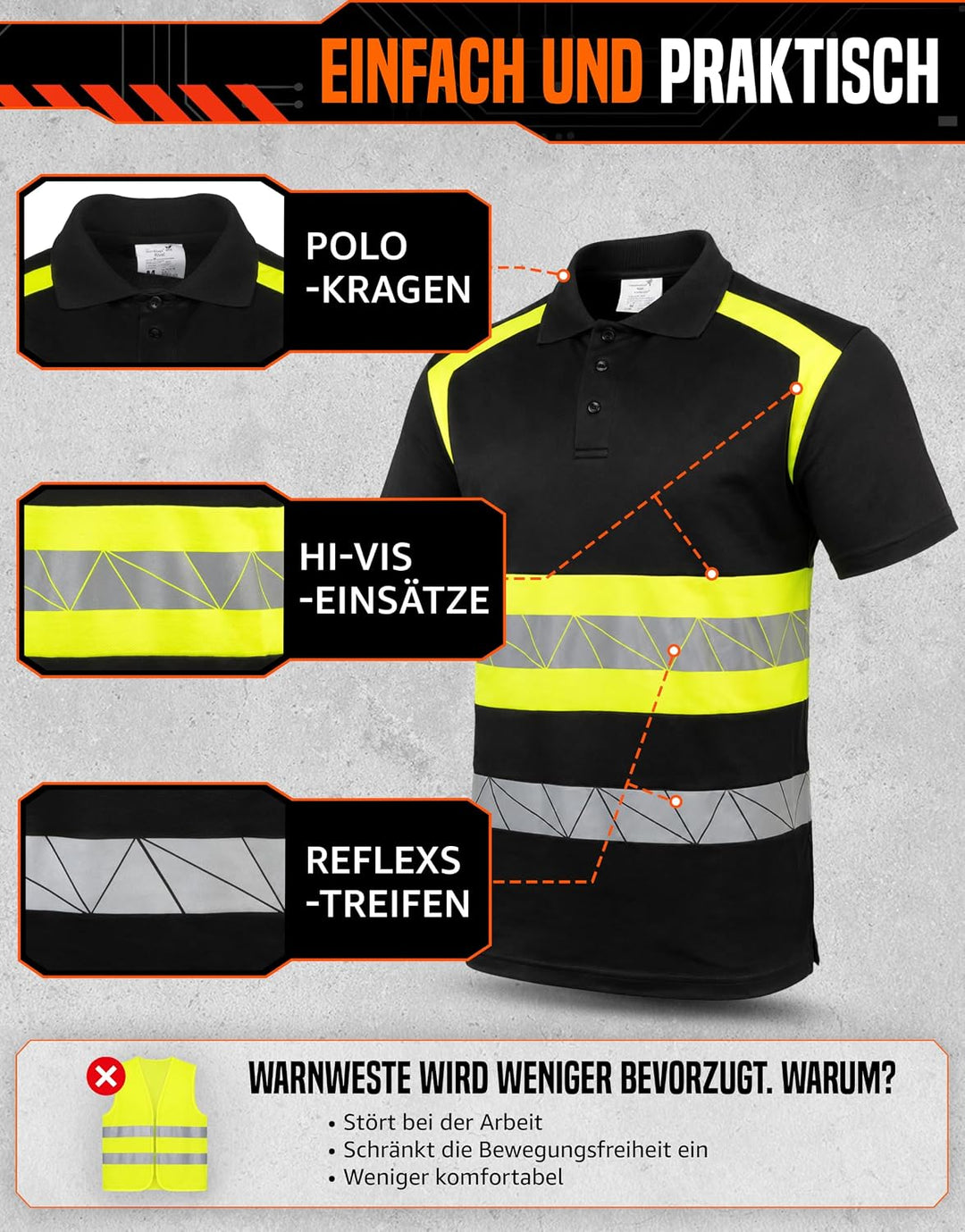 Warnschutz T-Shirt Polo - Atmungsaktiv mit Reflexstreifen und Baumwolle - Warn Tshirt Herren 3XL Sch