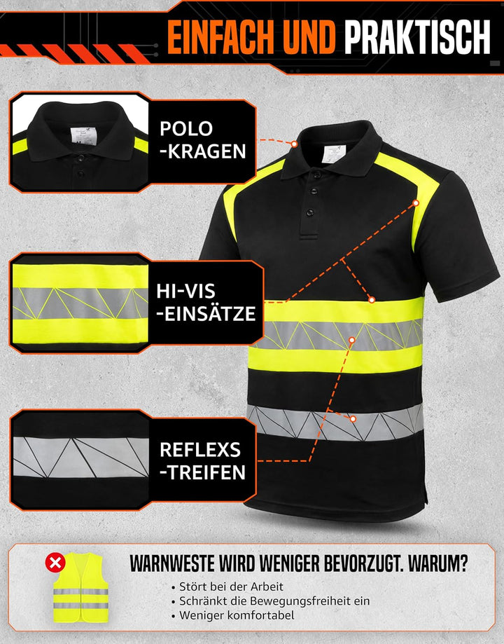 Warnschutz T-Shirt Polo - Atmungsaktiv mit Reflexstreifen und Baumwolle - Warn Tshirt Herren 3XL Sch