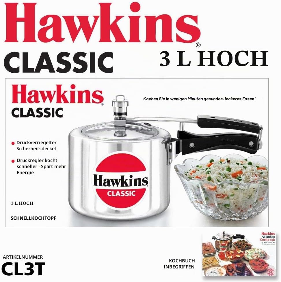 HAWKIN Classic CL3T Schnellkochtopf, Aluminium, 3 l, silberfarben 3-Liter, 3-Liter