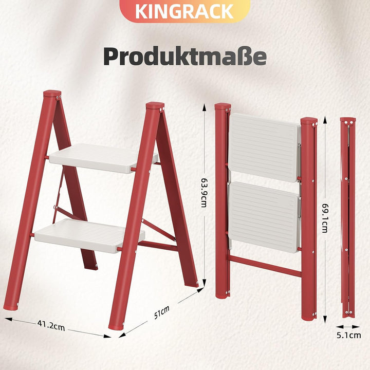KINGRACK Trittleiter 2 Stufen Klappbar, Tritthocker Leicht Platzsparend | Klapptritt mit Rutschfeste