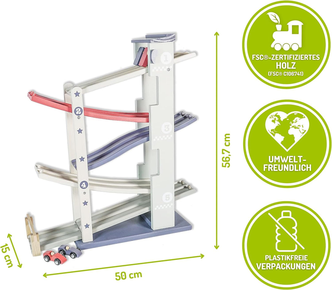 EverEarth Auto-Rennbahn Zweispurig EE33781 Kugelbahn mit Rennautos aus Holz für Kinder ab 36 Monaten